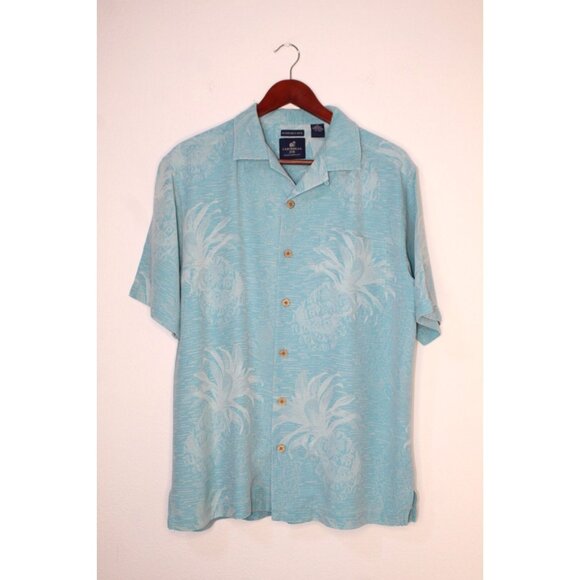 Caribbean Joe Silk Shirt Men M Teal SS Button Down Tropical Travel Casual Summer - Picture 1 of 11